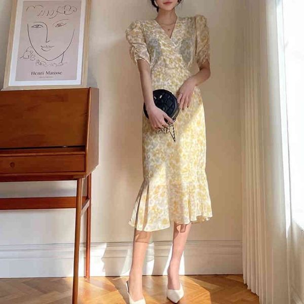 casual dresses summer women v-neck print puff sleeve ladies elegant chiffon ruffle midi 837c, Black;gray